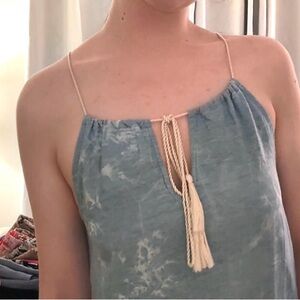 100% Cotton Blue Sleeveless Dress with Tassel and Lace Detail
